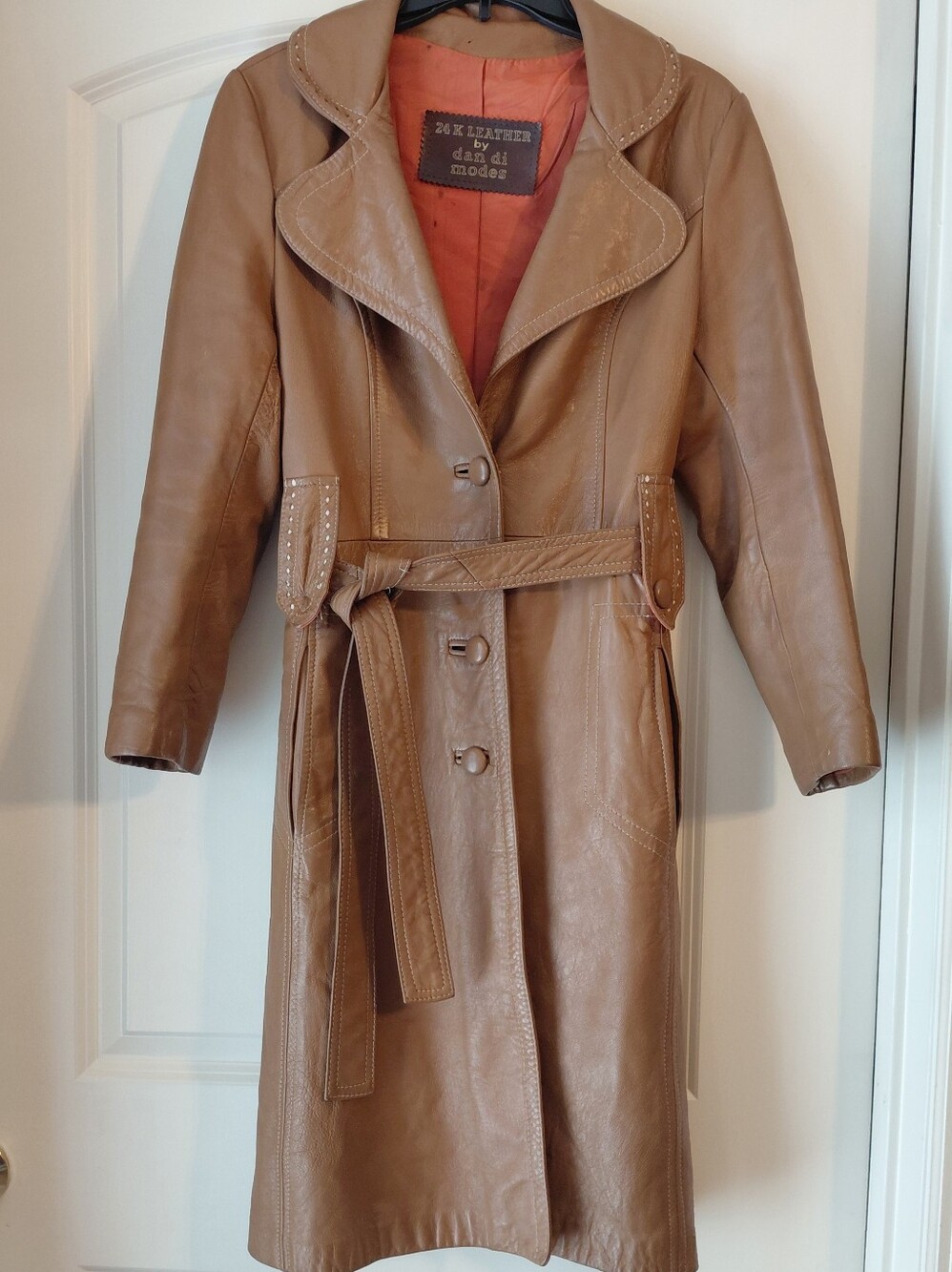 Vintage 60's 70's Pennylane Era Dan Di Modes Tan Leather Trench Coat Belted M - Picture 2 of 16
